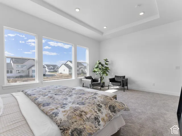 Three large windows, recessed ceiling lighting, tray ceiling, and light gray carpeting