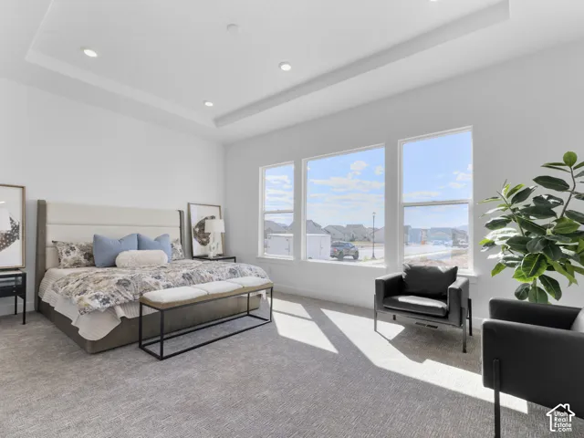 Recessed lighting, tray ceiling, three large windows, and carpeted flooring