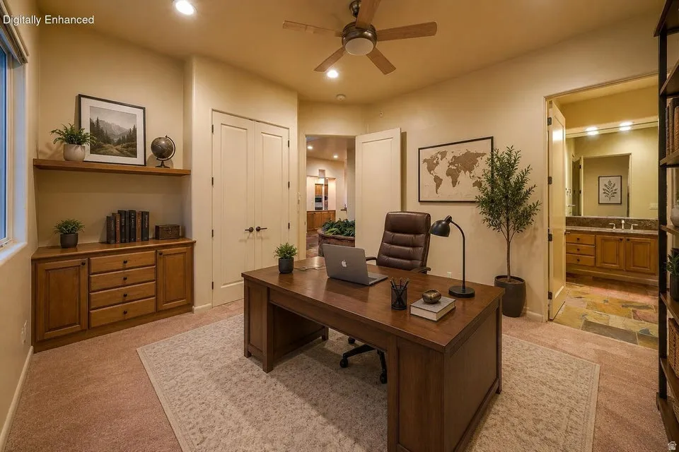 Built-in wood-finish cabinetry with drawers, floating wood-finish shelf, and recessed lighting