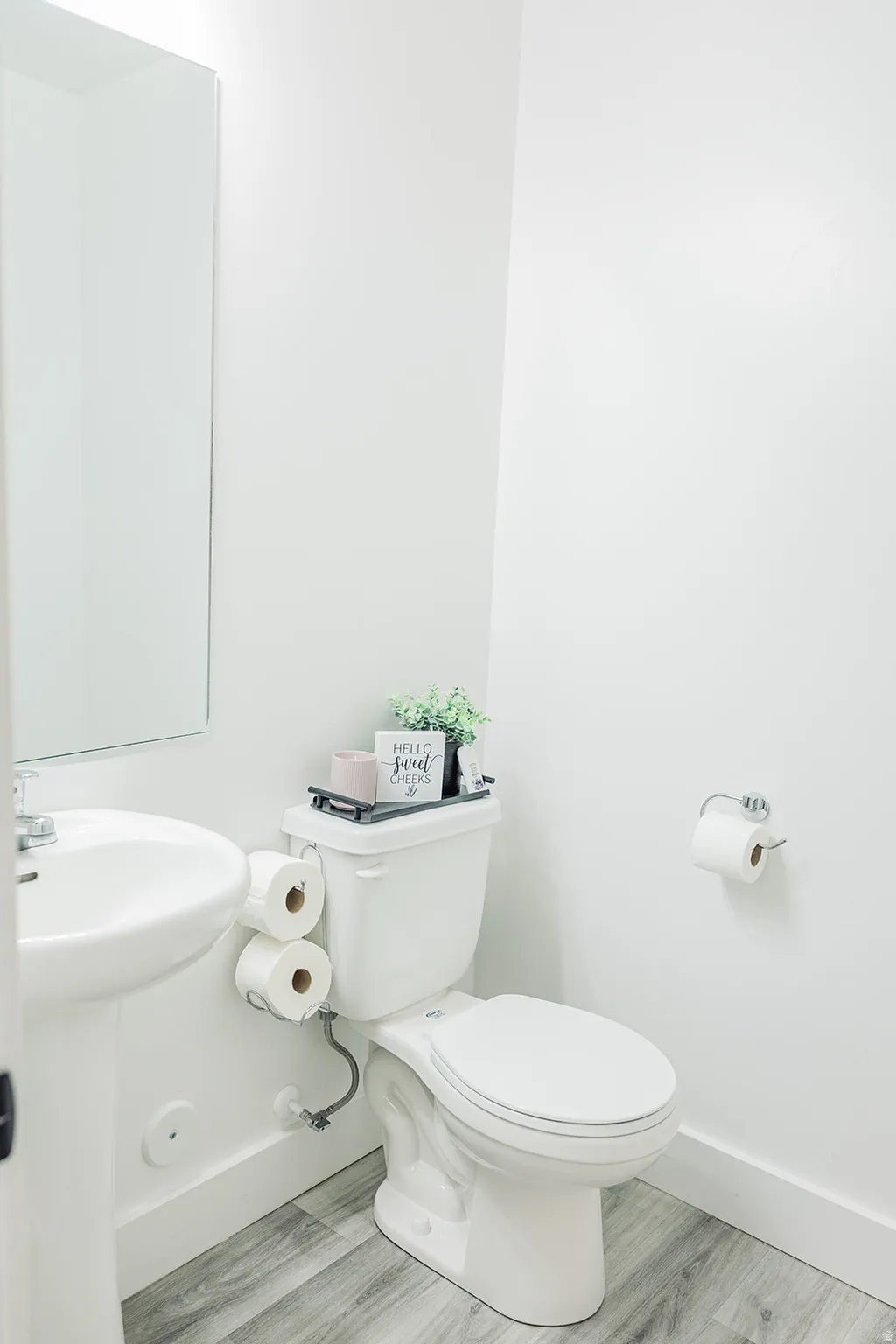Pedestal sink with chrome faucet, toilet, and wood-finish flooring