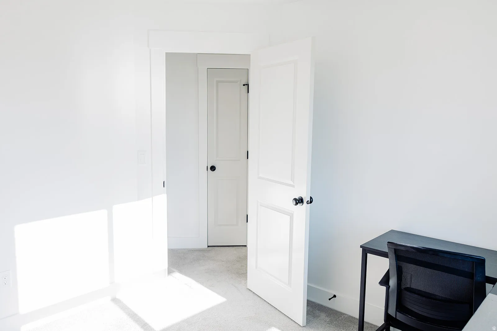 White interior doors with black hardware, white baseboards, and light-colored carpeting
