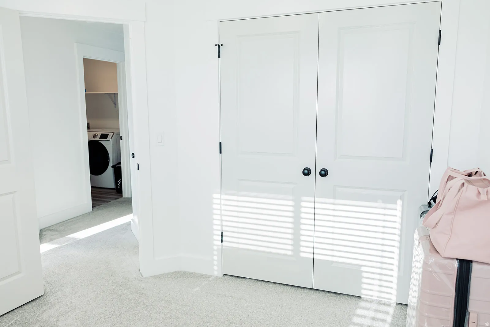 Double-panel closet doors with matte black hardware
