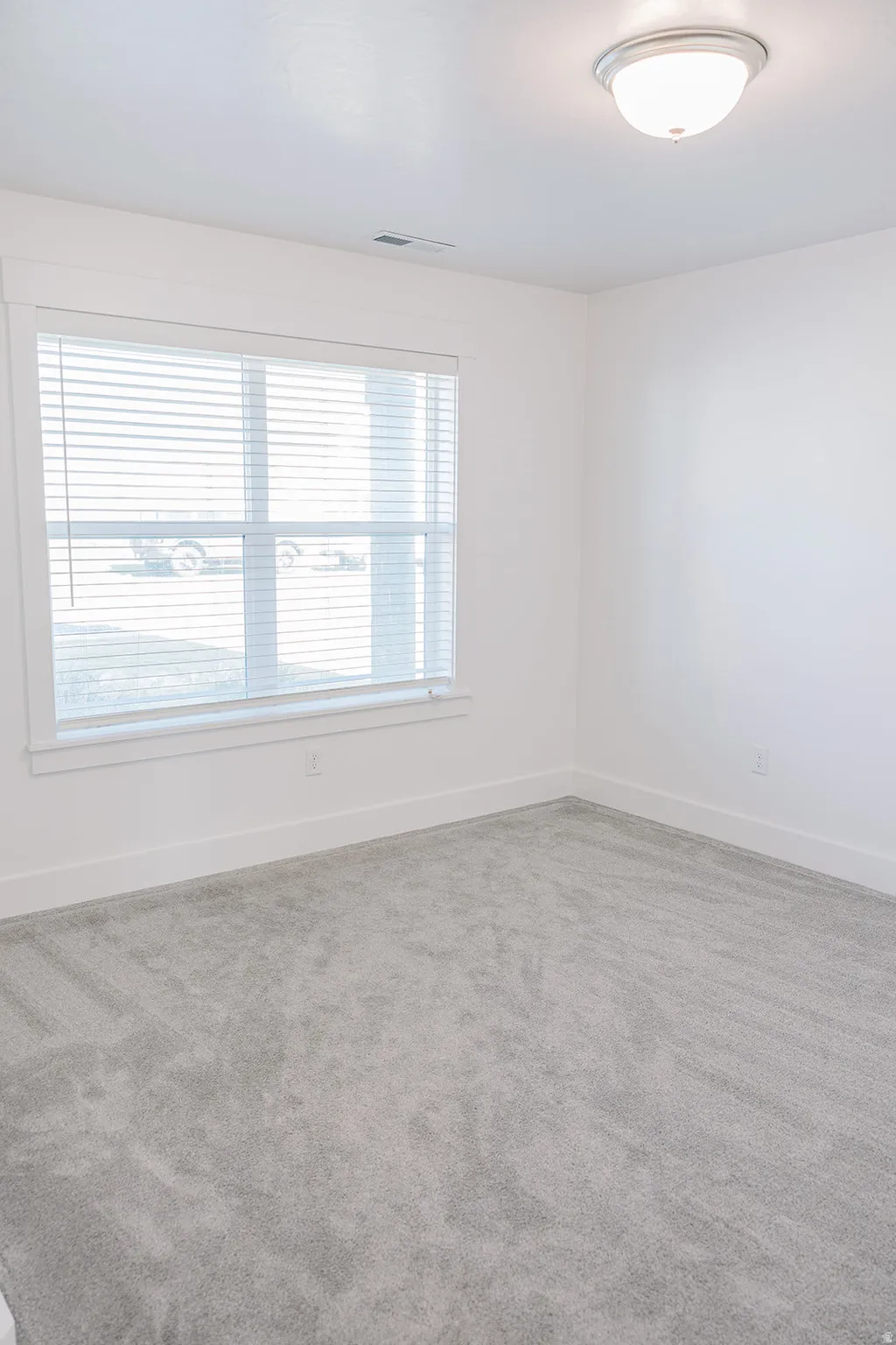 Bright interior space featuring a window with horizontal blinds, neutral wall paint, white trim, and light grey carpet flooring