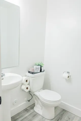 Pedestal sink with chrome faucet, toilet, and wood-finish flooring