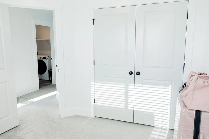 Double-panel closet doors with matte black hardware