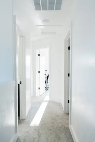 Hallway featuring light-colored carpeting, white walls, and white trim