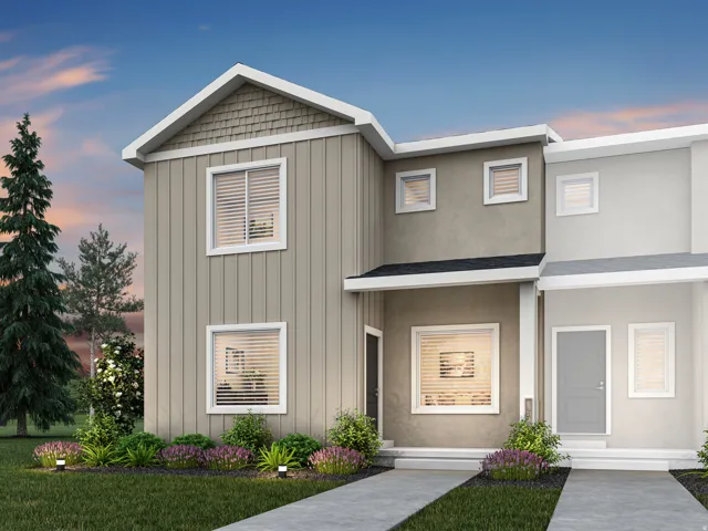 Contemporary exterior featuring vertical siding, stucco accents, and shaker shingles on the gable