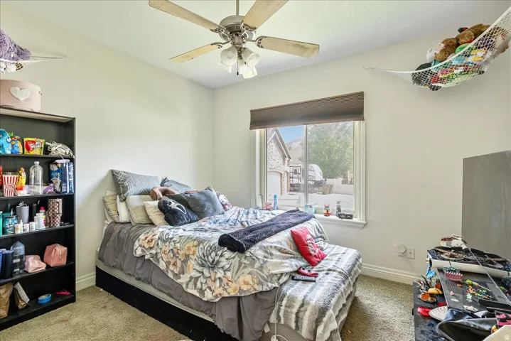 Carpeted room featuring a window with a roller shade, a ceiling fan with light fixture, and a built-in bookshelf