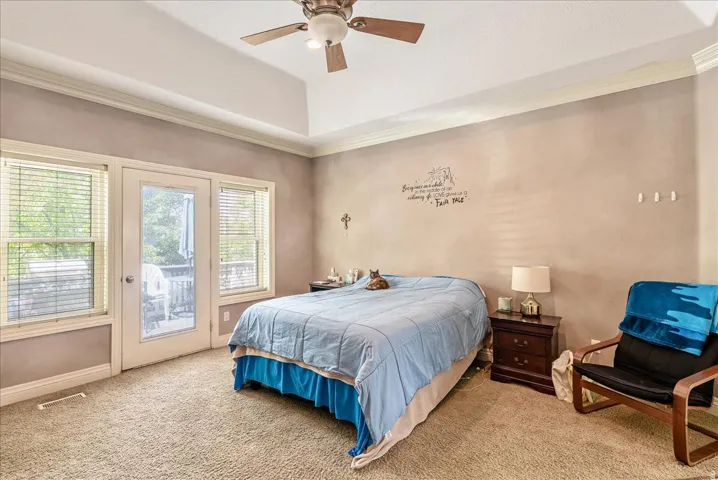 Spacious bedroom featuring a tray ceiling, ceiling fan, carpet flooring, direct outdoor access through a glass-paneled door, and two adjacent windows