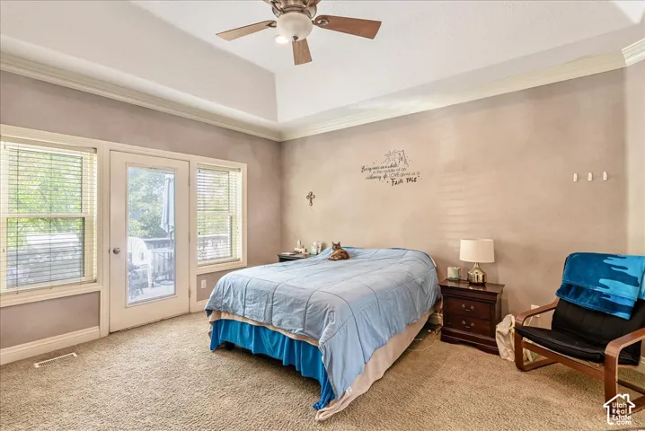 Spacious bedroom featuring a tray ceiling, ceiling fan, carpet flooring, direct outdoor access through a glass-paneled door, and two adjacent windows