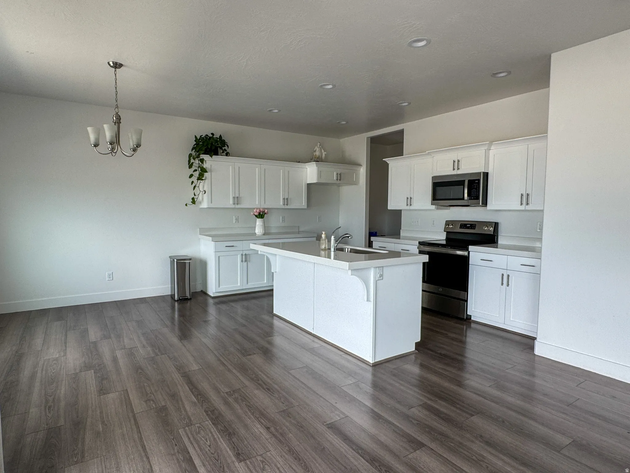 Open-concept kitchen and dining area featuring wood-finish flooring