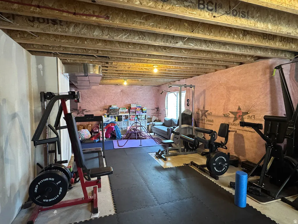 Basement area with exposed ceiling joists and subfloor