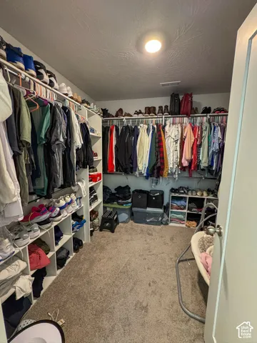 Spacious walk-in closet featuring extensive built-in shelving, multiple hanging rods, overhead storage, and soft carpeting