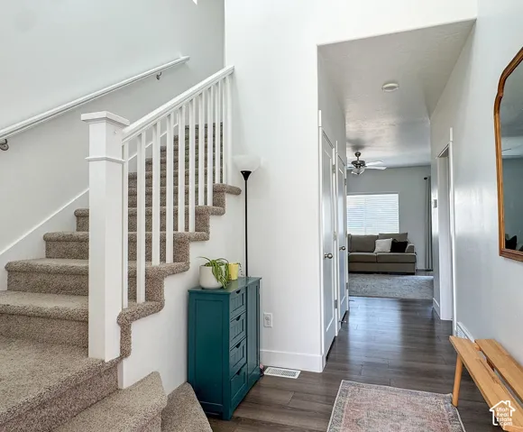 Inviting entryway with a carpeted staircase featuring white balusters and handrails