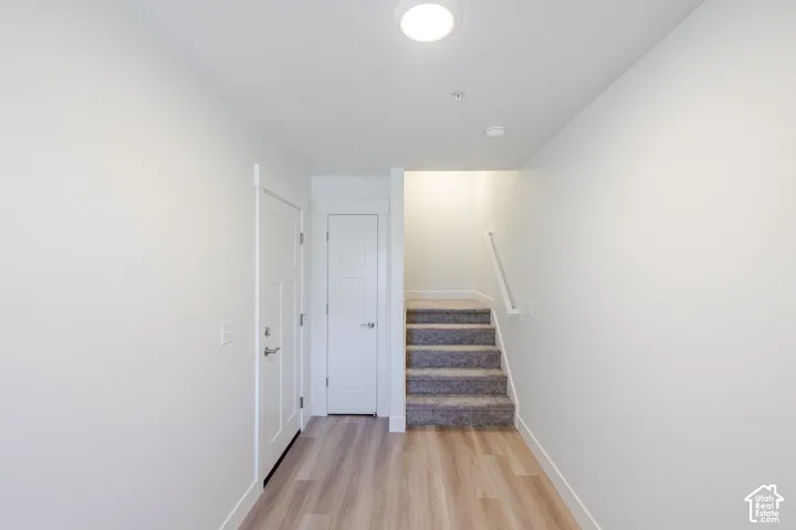 Entryway featuring wood-finish flooring, white shaker-style interior doors, and stairs finished with neutral carpeting and a white handrail