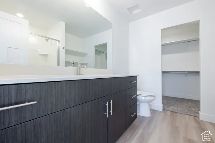 Dark-toned cabinetry featuring satin-finish hardware, light-colored solid surface countertop, wall-to-wall mirror, wood-finish flooring, and built-in closet shelving