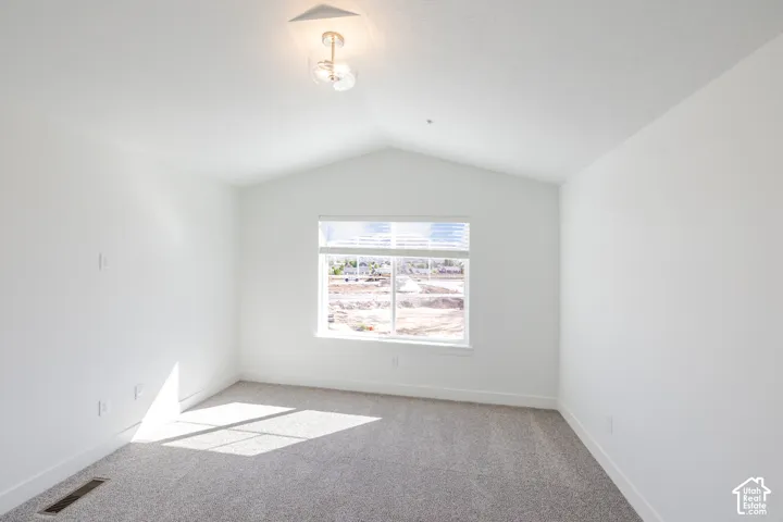 Vaulted ceiling featuring a central flush-mount globe light fixture, neutral wall-to-wall carpeting, and a multi-pane window