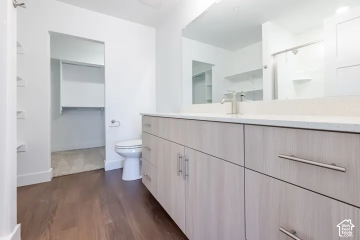 Wood-finish flooring, light wood-grain vanity with brushed nickel hardware, light-toned countertop, large vanity mirror, and an adjacent walk-in closet with shelving