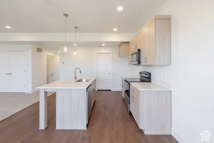 Kitchen featuring wood-finish flooring, light-toned cabinetry, stainless steel appliances, a center island with a sink, and pendant lighting