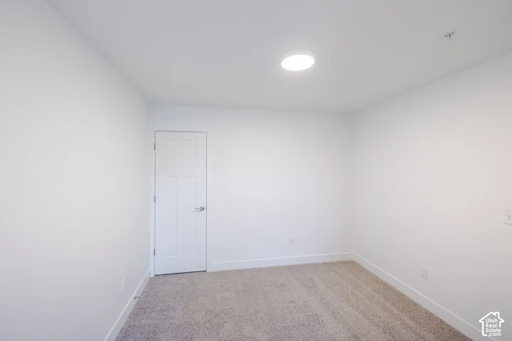 Neutral-toned carpeting with white walls and a paneled interior door