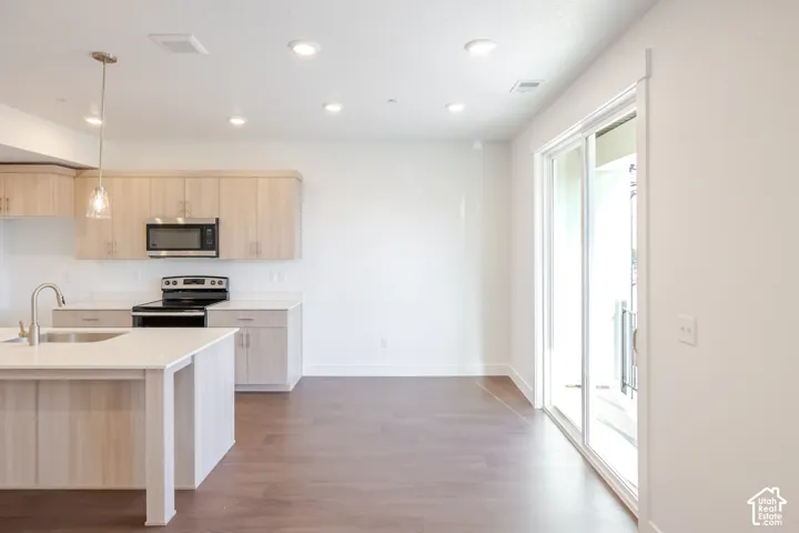 Kitchen featuring light wood-finish cabinetry, stainless steel appliances, and an island with an undermount sink