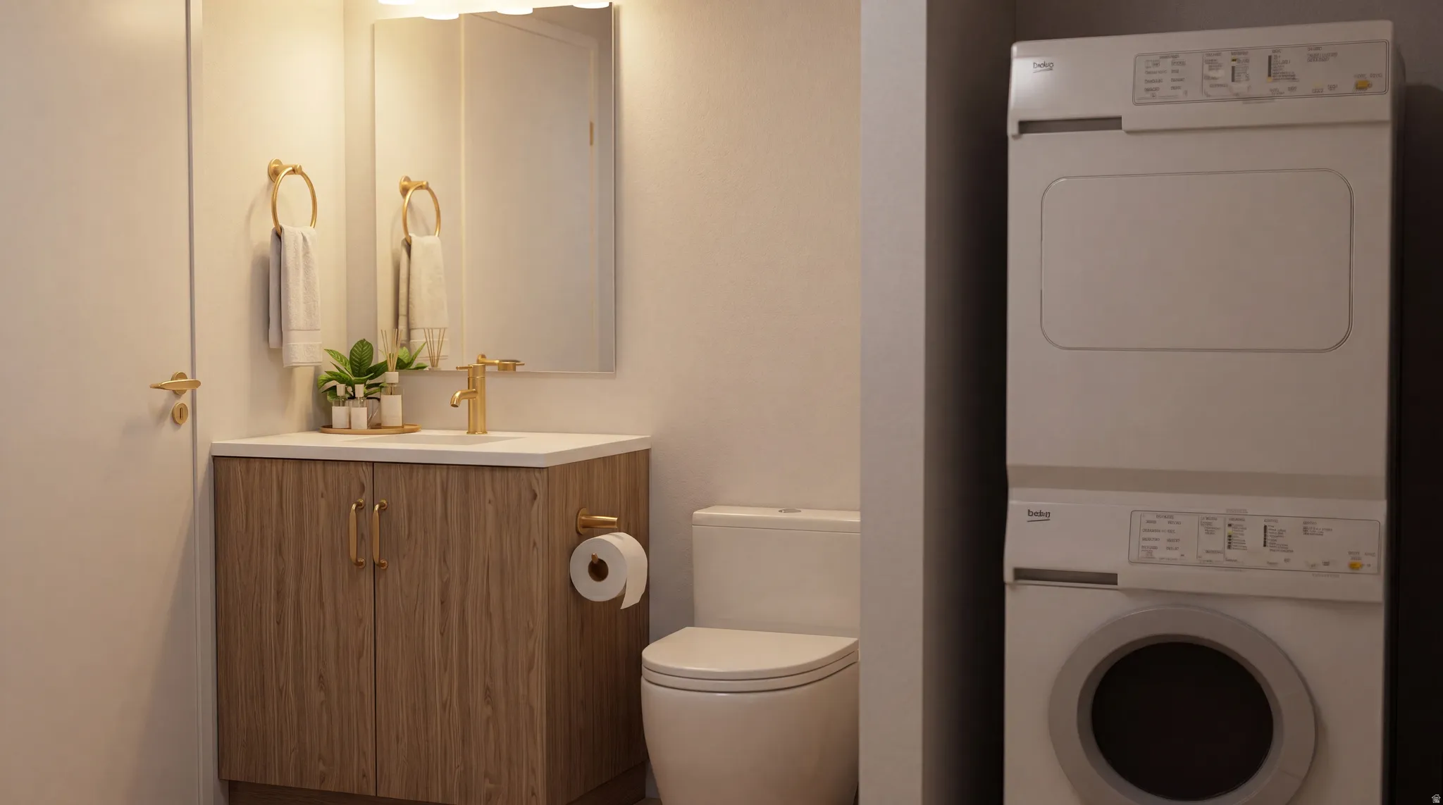 Bathroom featuring a wood-finish vanity with a white countertop and gold-tone fixtures
