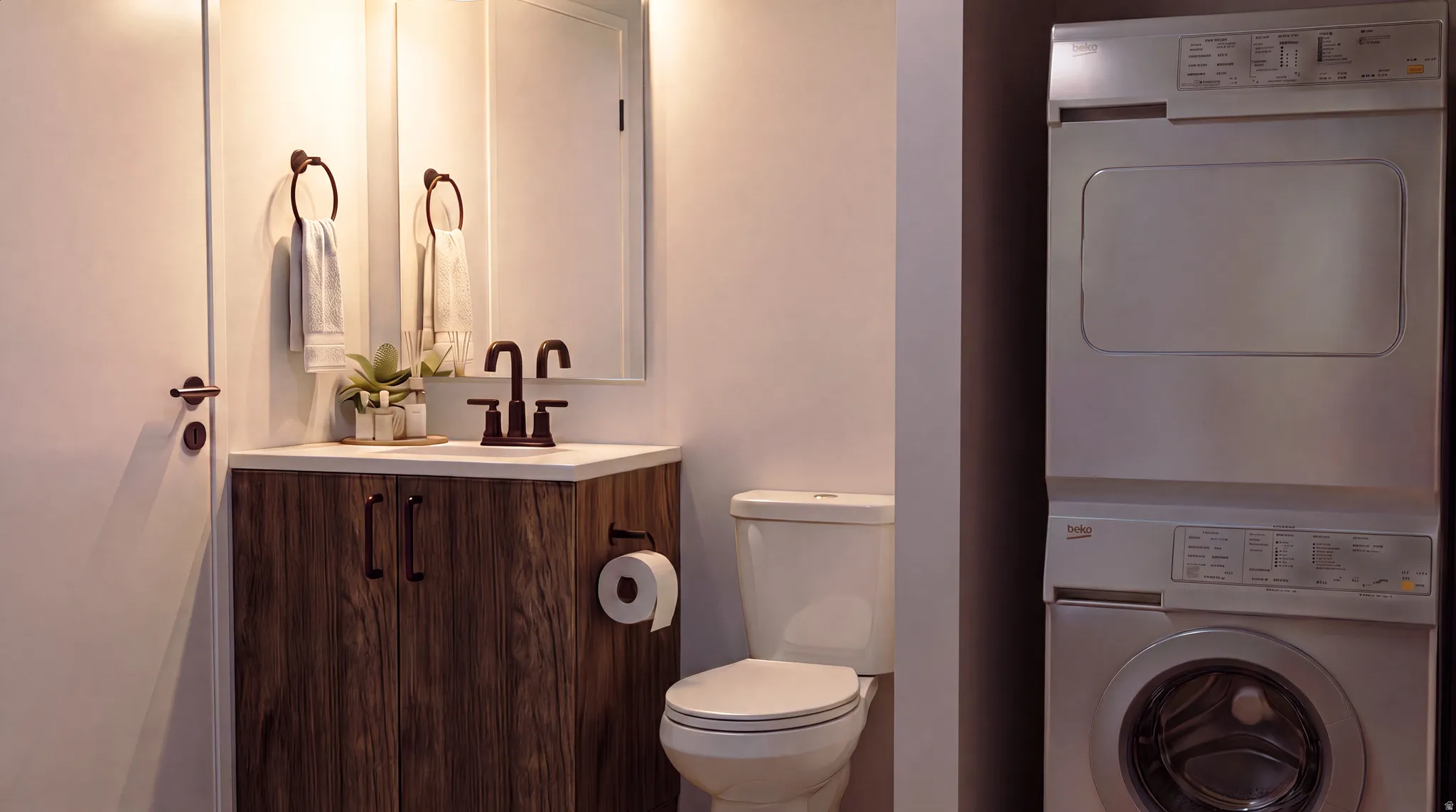 Modern bathroom featuring a wood-finish vanity with a white countertop and bronze-finish fixtures