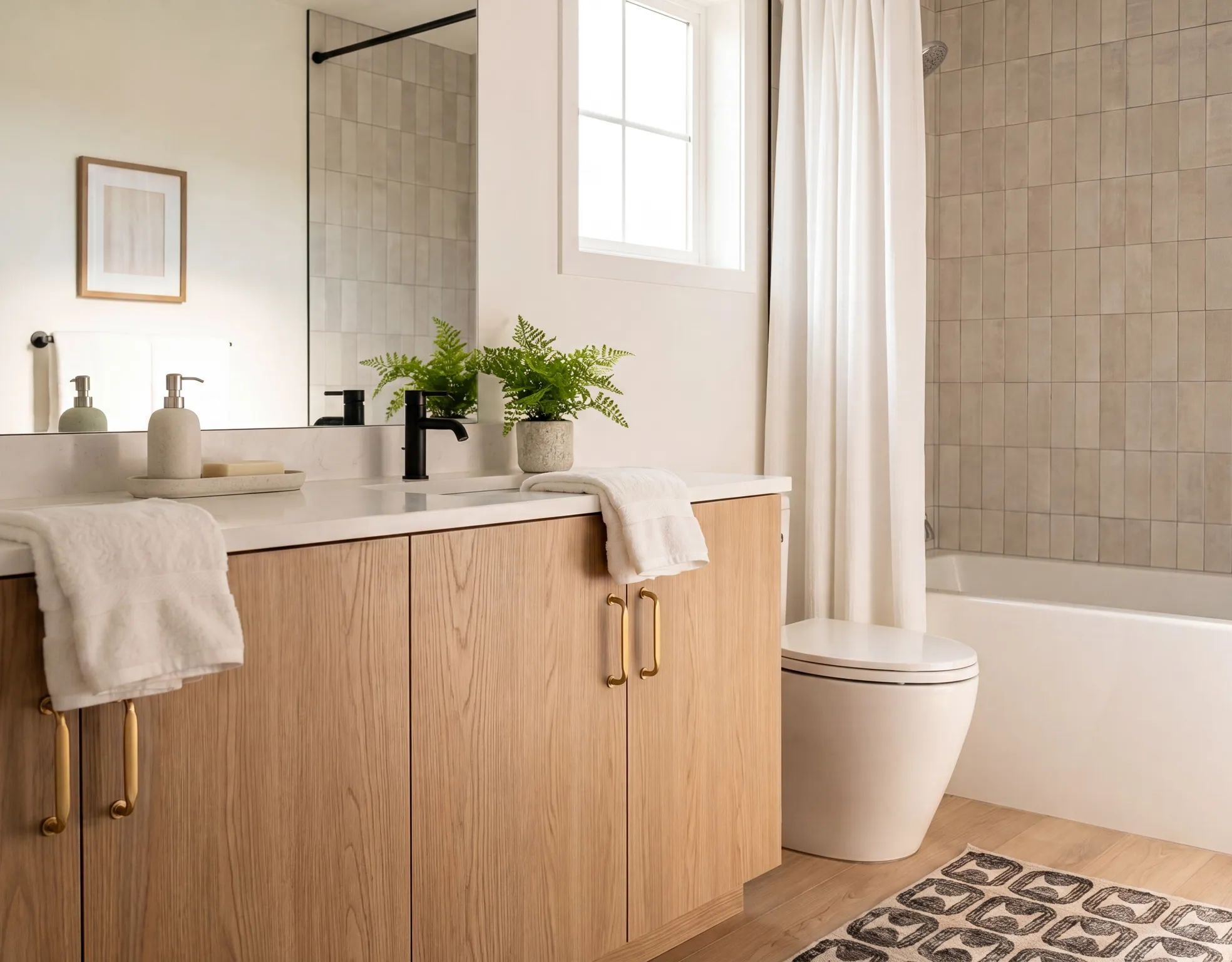 Bathroom featuring a light wood-finish vanity with gold-tone hardware, a white countertop, and a rectangular undermount sink with a matte black faucet