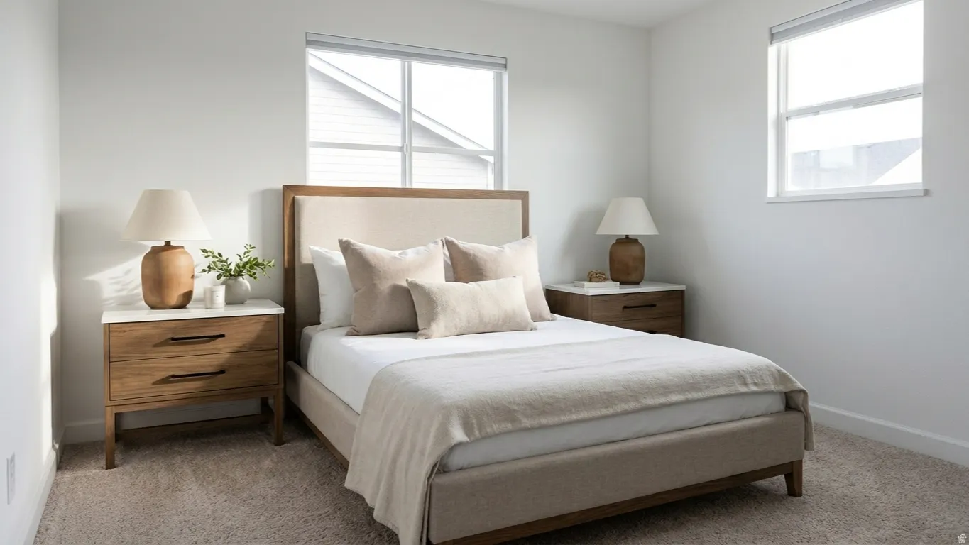 Bedroom featuring two windows, neutral wall paint, and plush carpet flooring