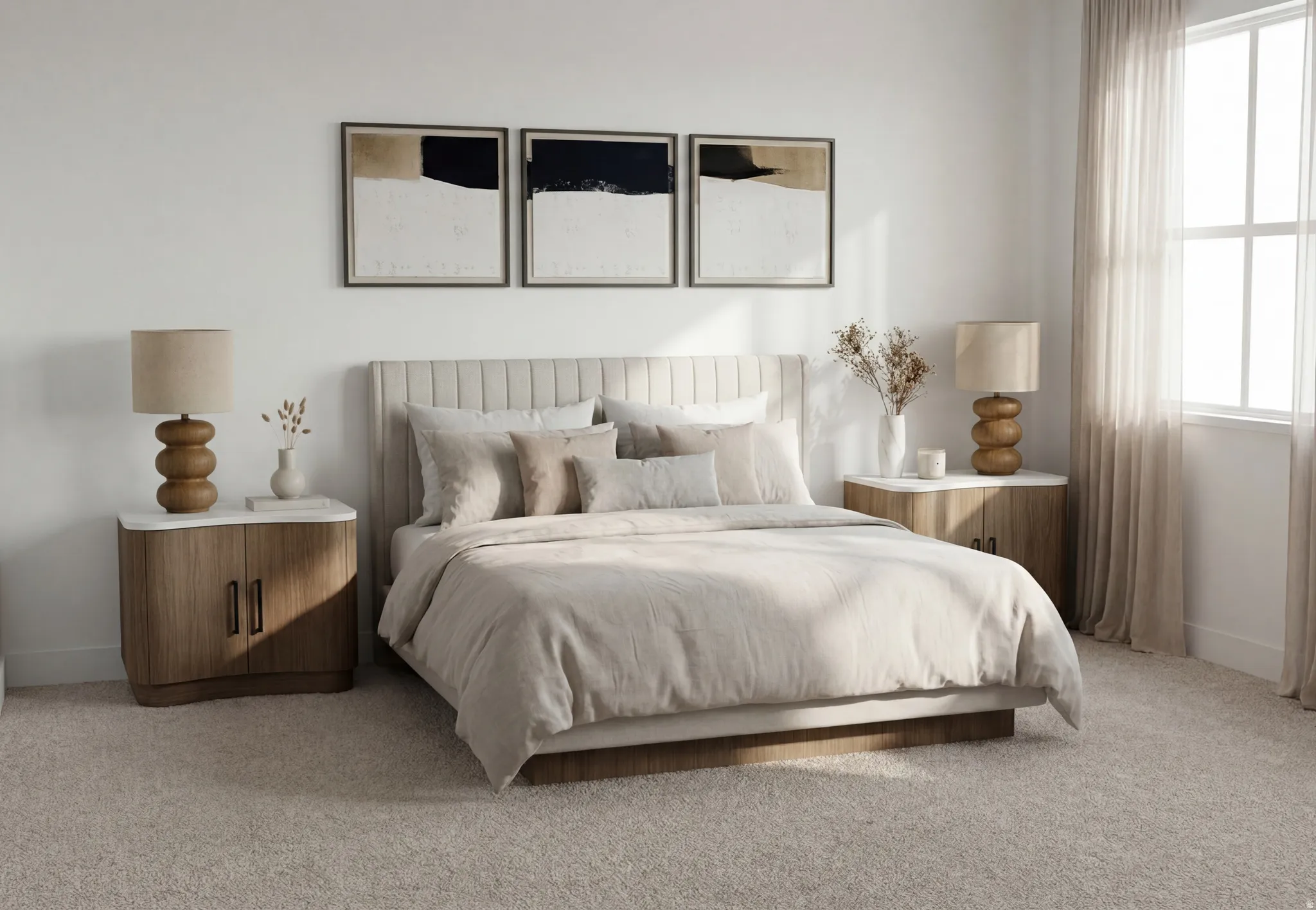 Plush carpeting complements the neutral color palette of this room