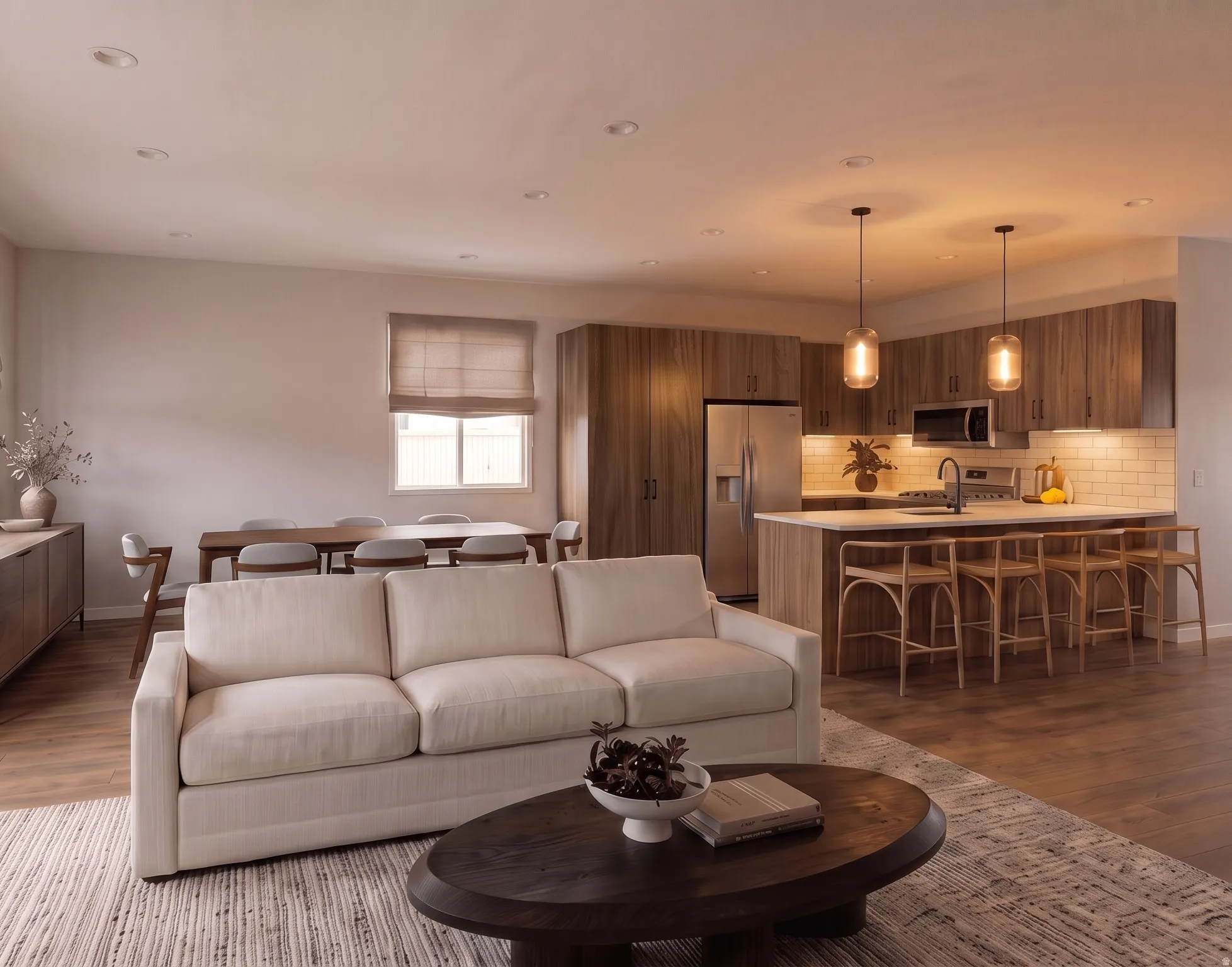 Open-concept living space featuring wood-finish flooring