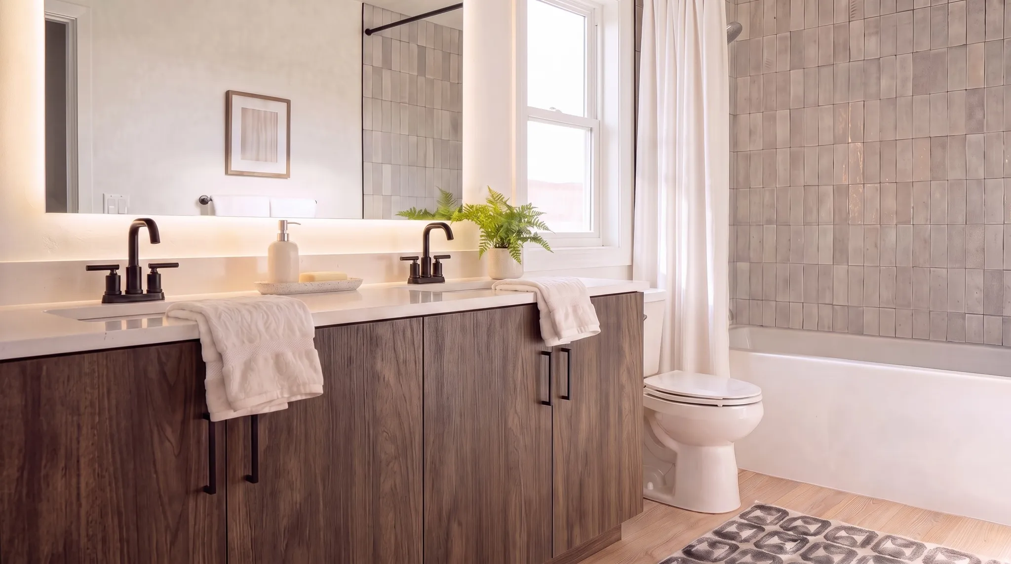 Dual vanity featuring a wood-finish cabinet, white countertop, and matte black fixtures