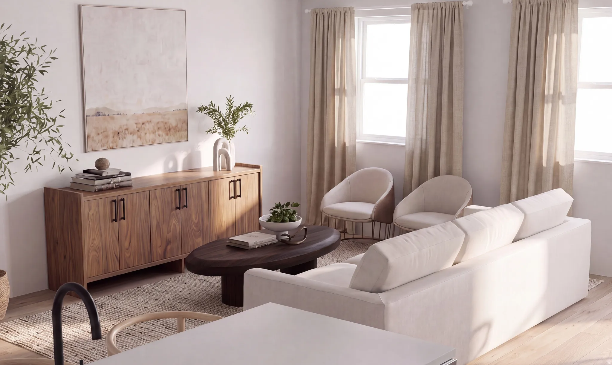 Bright living space featuring expansive windows, wood-finish flooring, a built-in wood-finish credenza with cabinet storage, and a light-toned area rug