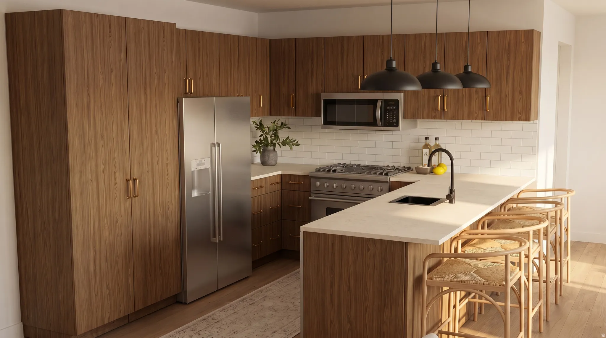 Modern kitchen featuring wood-finish cabinetry with brass hardware, a stainless steel side-by-side refrigerator, and a built-in microwave
