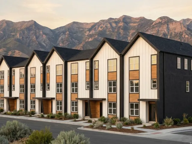 Contemporary townhomes featuring vertical white siding and natural wood-look accents