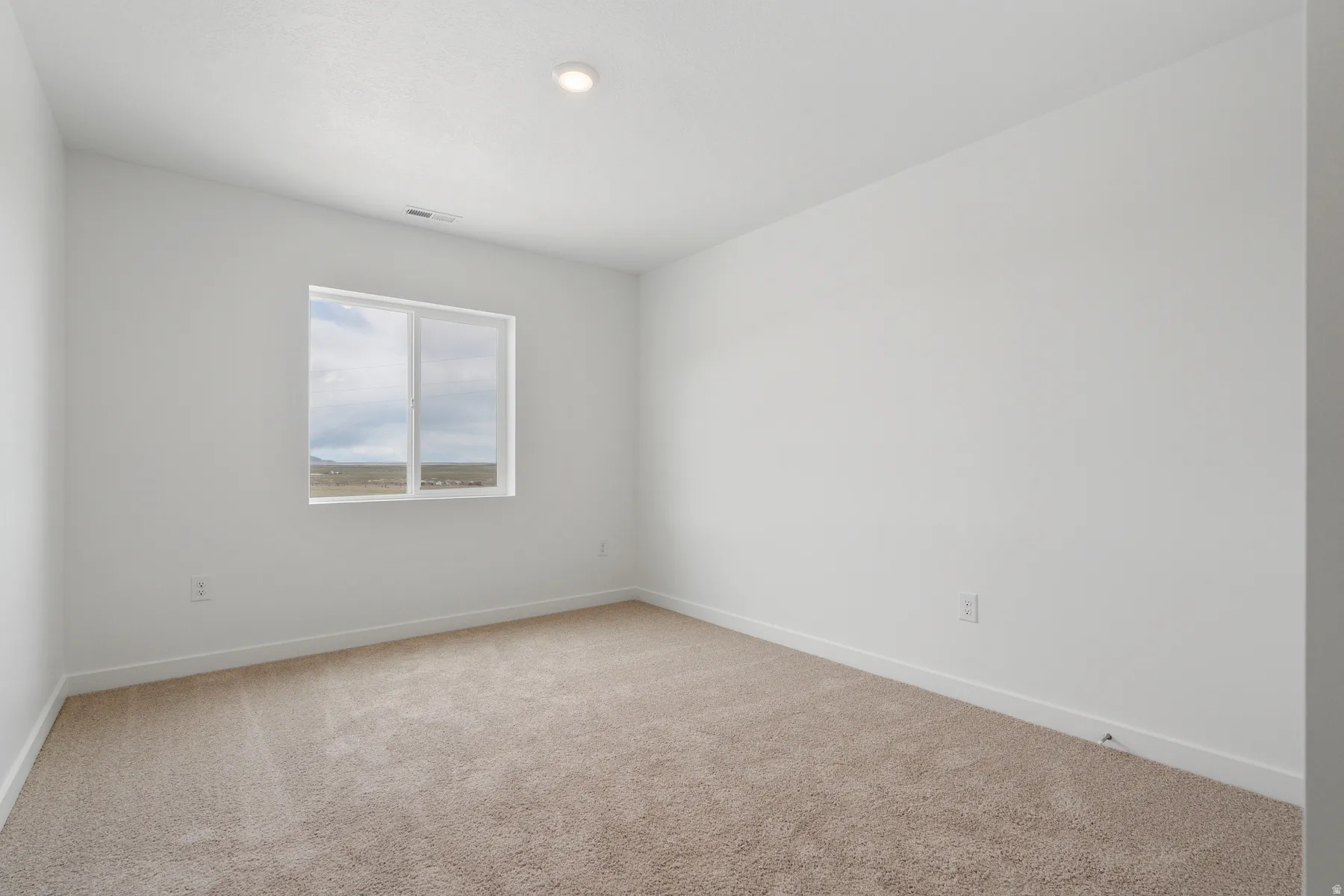 Room featuring light beige carpeting, white walls, a single recessed ceiling light, and a window with a white frame