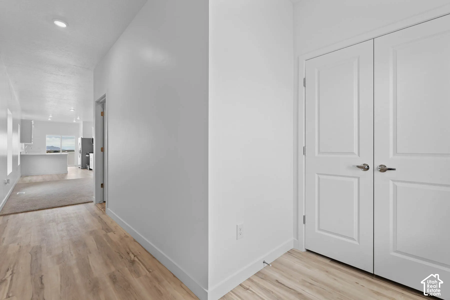 Wood-finish flooring throughout, white interior walls, recessed ceiling lighting, and panel doors with brushed nickel hardware