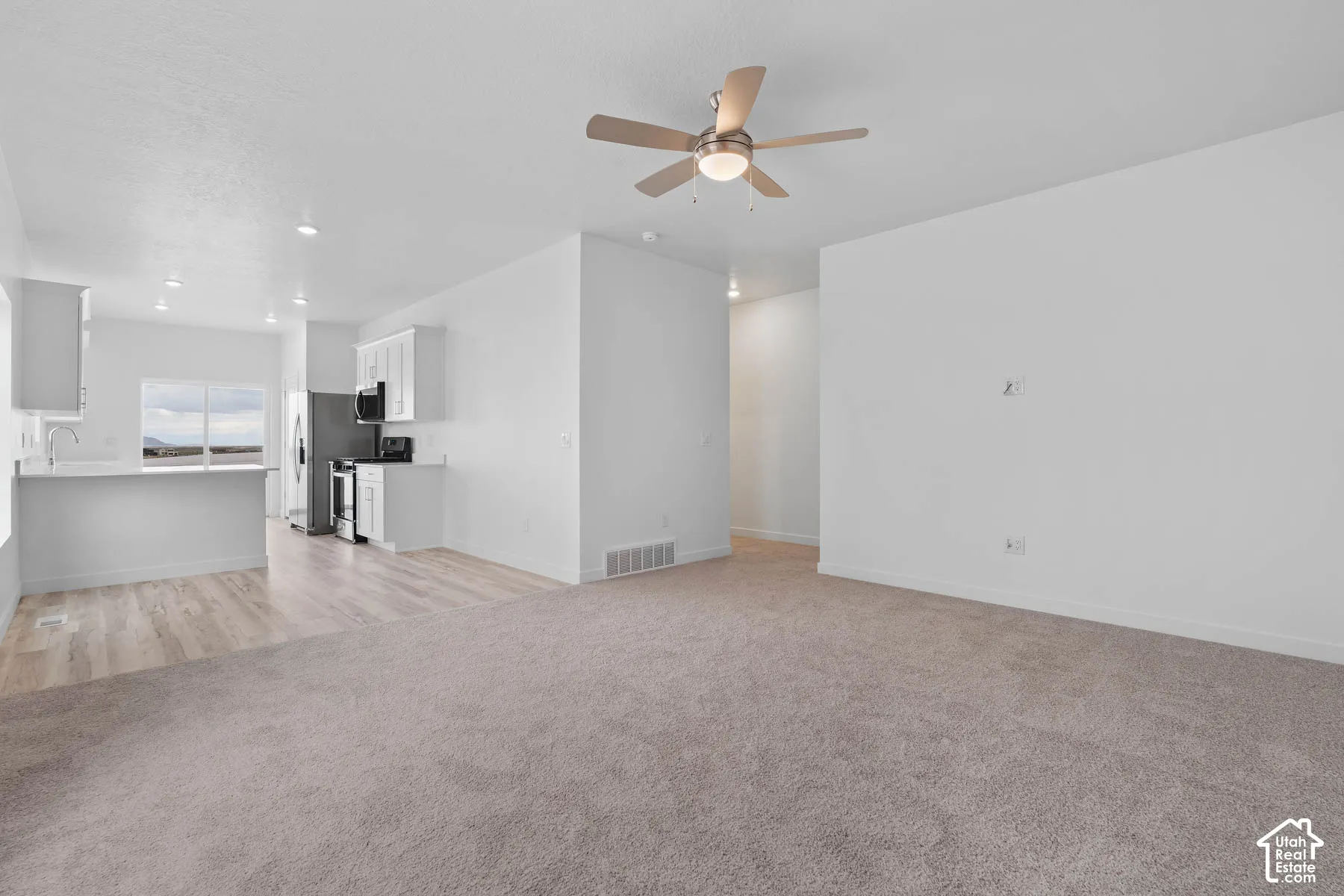 Open-concept living space with light-toned carpeting and wood-finish flooring
