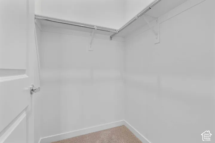 White painted walls, built-in shelving, chrome hanging rods, and carpet flooring