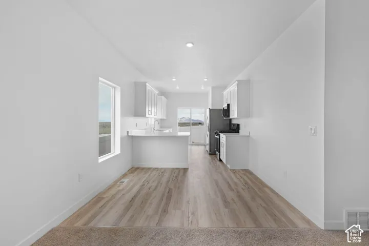 Recessed lighting, wood-finish flooring, white cabinetry, integrated kitchen appliances, and a window with outdoor scenery