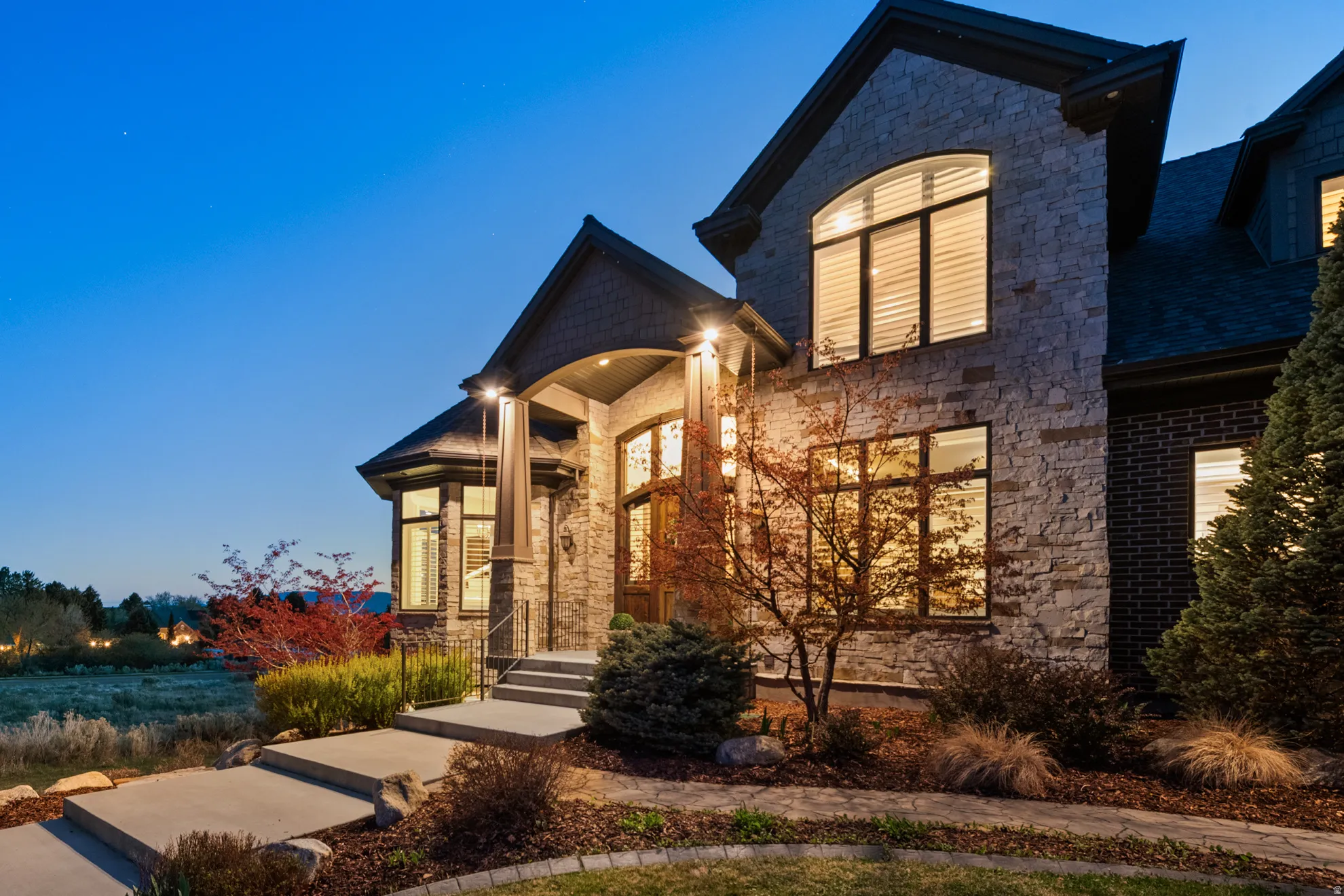 Stone and brick exterior with arched window detailing