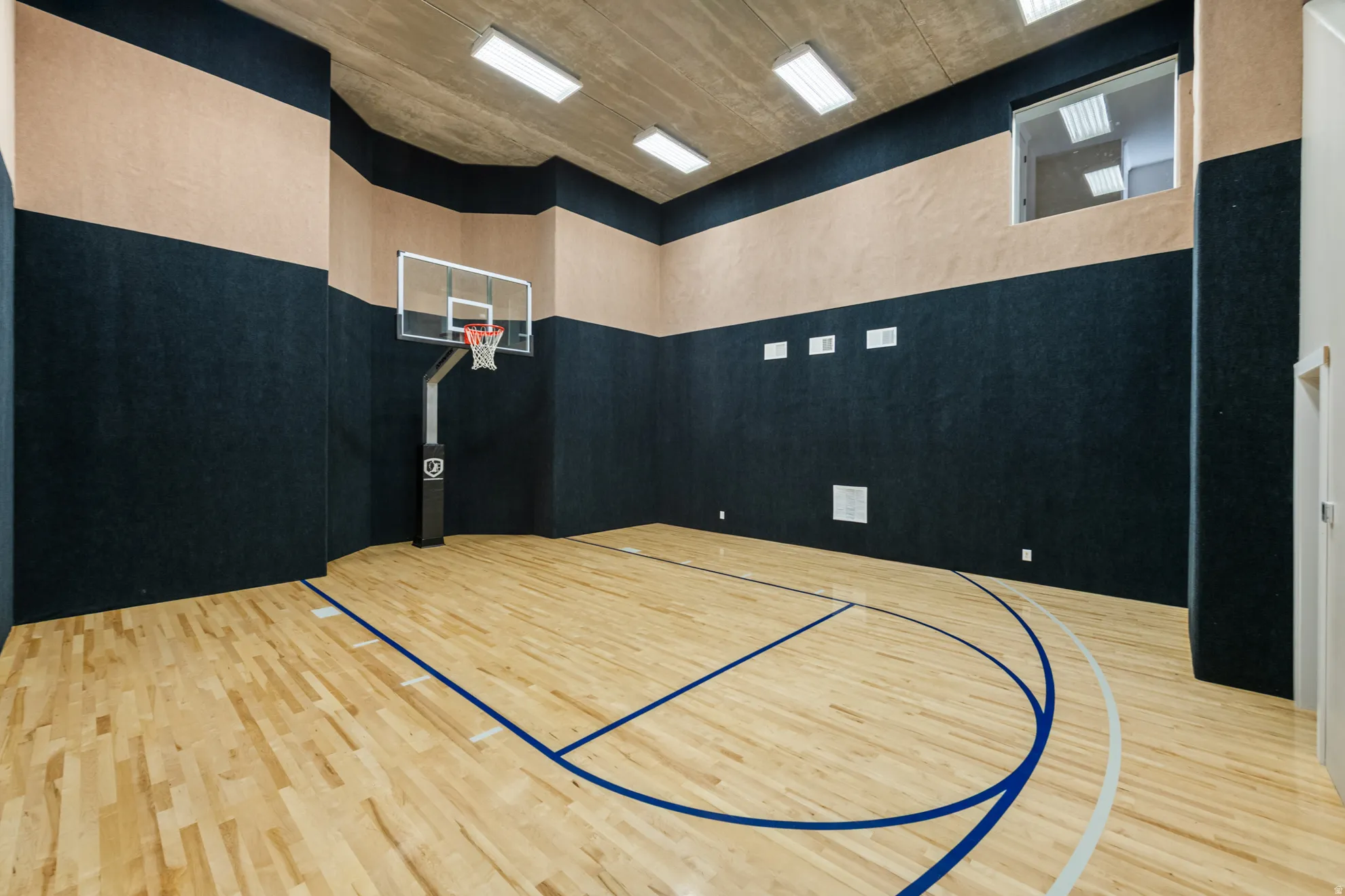 Indoor gymnasium featuring a full basketball court with wood-finish flooring, a mounted basketball hoop, and padded wall surfaces