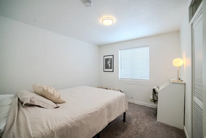 Carpeted interior room featuring a window with horizontal blinds, a ceiling-mounted light fixture, and white painted walls