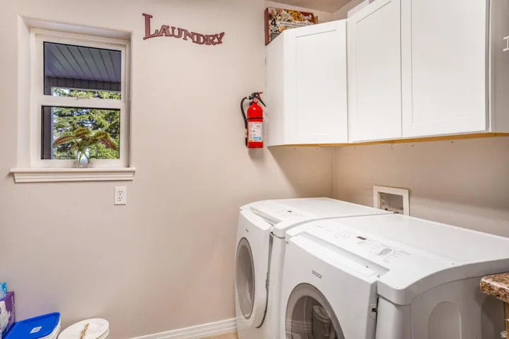 Dedicated laundry area featuring white shaker-style cabinetry, a window with exterior views, and a utility sink hookup