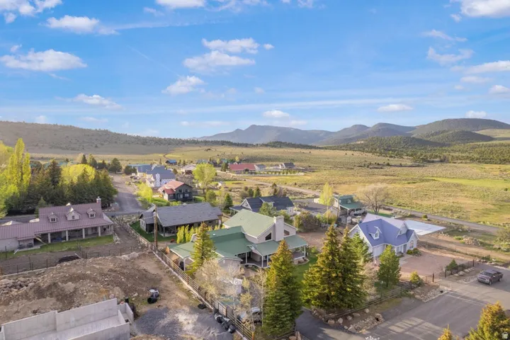 Aerial perspective showcasing a residential community with varied architectural styles