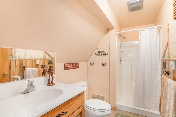 Bathroom featuring a single vanity with an integrated sink, shower stall, and sloped ceiling
