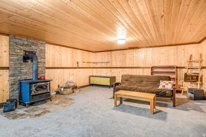 Spacious room featuring wood paneling on walls and ceiling, a stone-clad accent wall with a freestanding stove, light gray carpet flooring, and a flush-mount ceiling light fixture
