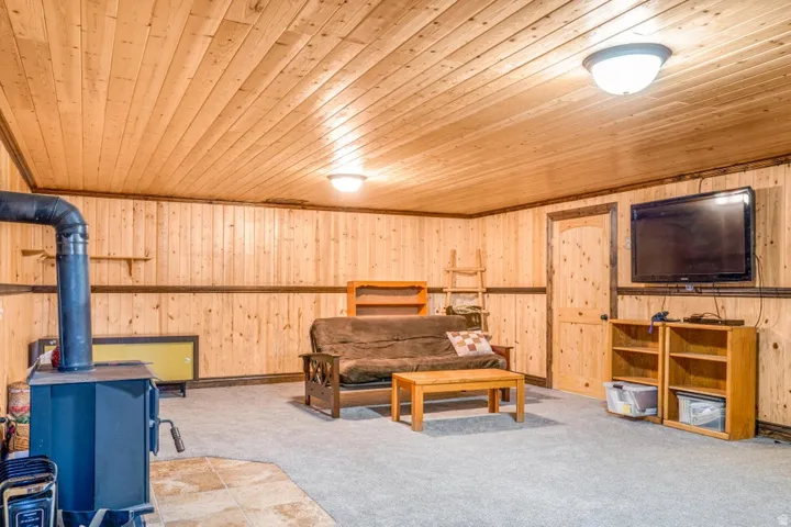 Finished room featuring a ceiling and walls clad in wood paneling, a dark-colored wood-burning stove with an exposed flue, and light-colored carpeting