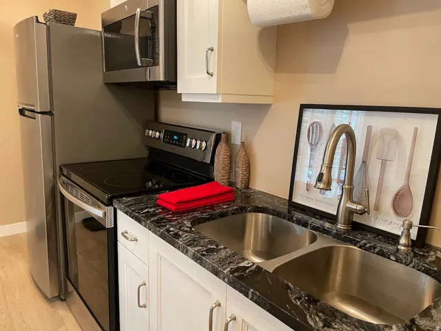 Kitchen featuring stainless steel appliances, a double basin sink with a pull-down faucet, white cabinetry, and dark speckled countertops
