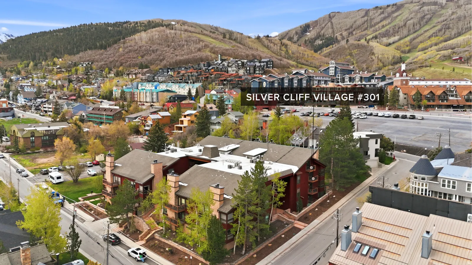 Aerial perspective showcasing the Silver Cliff Village complex with mountainous terrain in the background